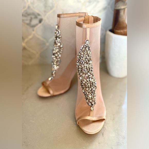 Lulu’s Hanakun Rose Gold Satin Rhinestone Peep toe Booties - Picture 7 of 14